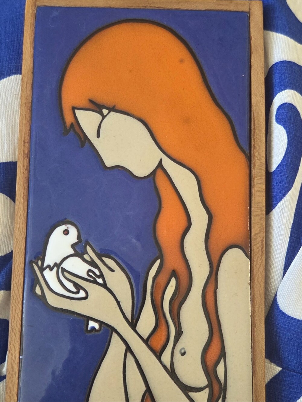Vintage Angelo Tsakirakis Greek Ceramic Tile Art - Lady with Dove- MCM -EUC